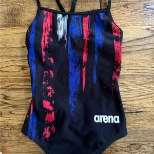 Arena Girls' Black One-Piece Swimsuit with Blue & Red Brushprint